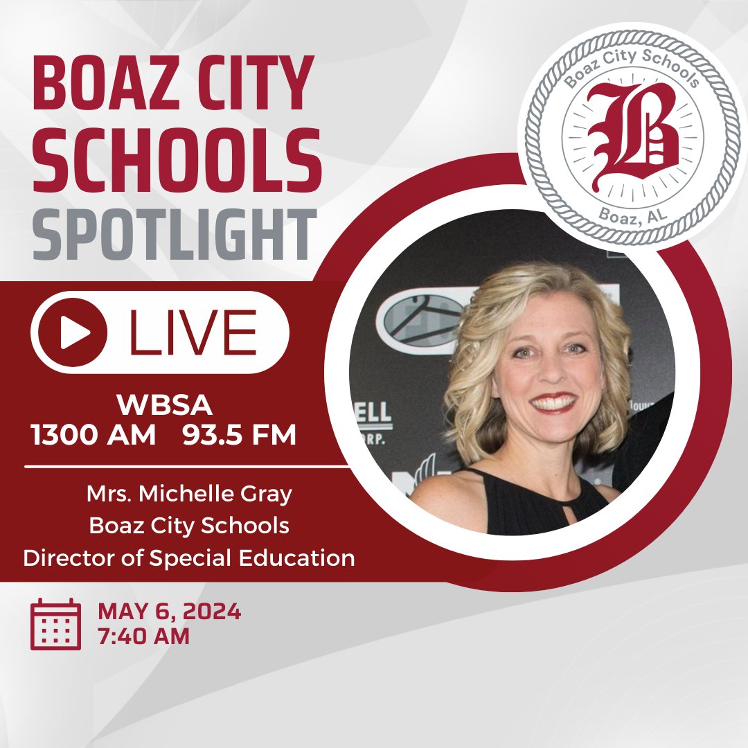 Kickstart your day with the Pirates! 🏴‍☠️🎙️ Join us for the Boaz City Schools Spotlight, tomorrow morning at 7:40 AM on WBSA 1300AM and 93.5 FM. Tomorrow's speaker will be Mrs. Michelle Gray, Director of Special Education for Boaz City Schools! #AnchoredInExcellence