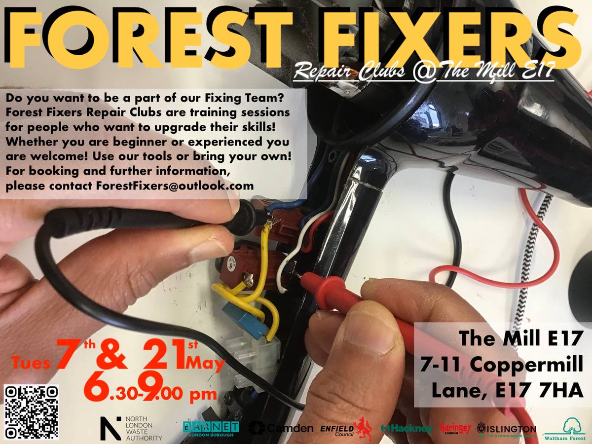 #ForestFixers #RepairClubs are training sessions to upgrade your fixing skills & join the team! For booking & further information please contact ForestFixers@outlook.com 7th+21st May 6.30-9pm @TheMillE17 @RestartProject @connectNLWA @KeepBritainTidy @RecycleFYC @wfcouncil @our_wf