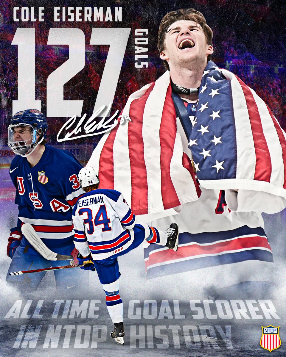 GOAL EISERMAN 🚨 With his 127th tally in the red, white and blue, @ColeEiserman34 has set a new record for career goals at the NTDP 🤯 Congrats, Eisy! 👏