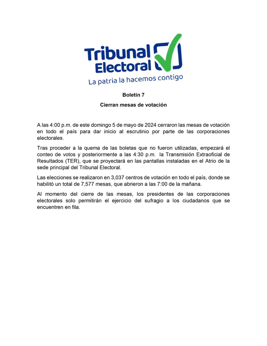 A esta hora, cierran las mesas de votación a nivel nacional. Sólo las personas que están en fila podrán ejercer su voto. @tepanama #EleccionesPanama 

#EsTuMomento #VotaPanama2024