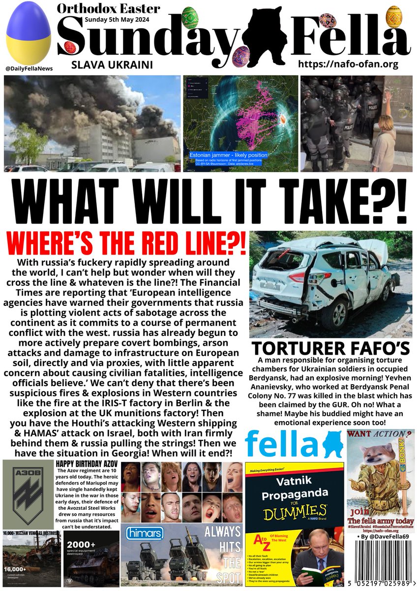 It’s time for your Sunday Fella. Happy Easter to those who are celebrating today. Read about russia taking on the West via proxies & dirty tricks, a torturer FAFOing & today is the Azov Regiment’s birthday today. #SundayFella #DailyFella #DailyFellaNews #SlavaUkraini #NAFO