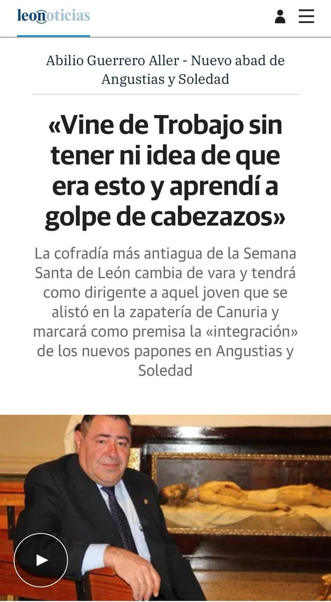 A continuación, os ponemos el enlace de la entrevista que León Noticias realizó al Hno. Abilio Guerrero Aller con motivo de su Toma de Posesión como Abad, que tendrá el próximo 19 de mayo, Fiesta de la Alegría.

leonoticias.com/semana-santa/v… 

Foto: León Noticias