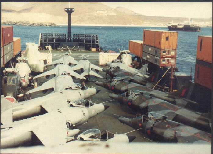 RDPHistory's tweet photo. May 5th 1982: Six Harrier GR3's and eight Sea Harriers arrive at Ascension brought by SS Atlantic Conveyor. Three more GR3's will fly there. These are to act as reinforcement or replacement if needs be, with the UK still predicting 50% aircraft losses if the war continues. https://t.co/50K6LZ0FbM