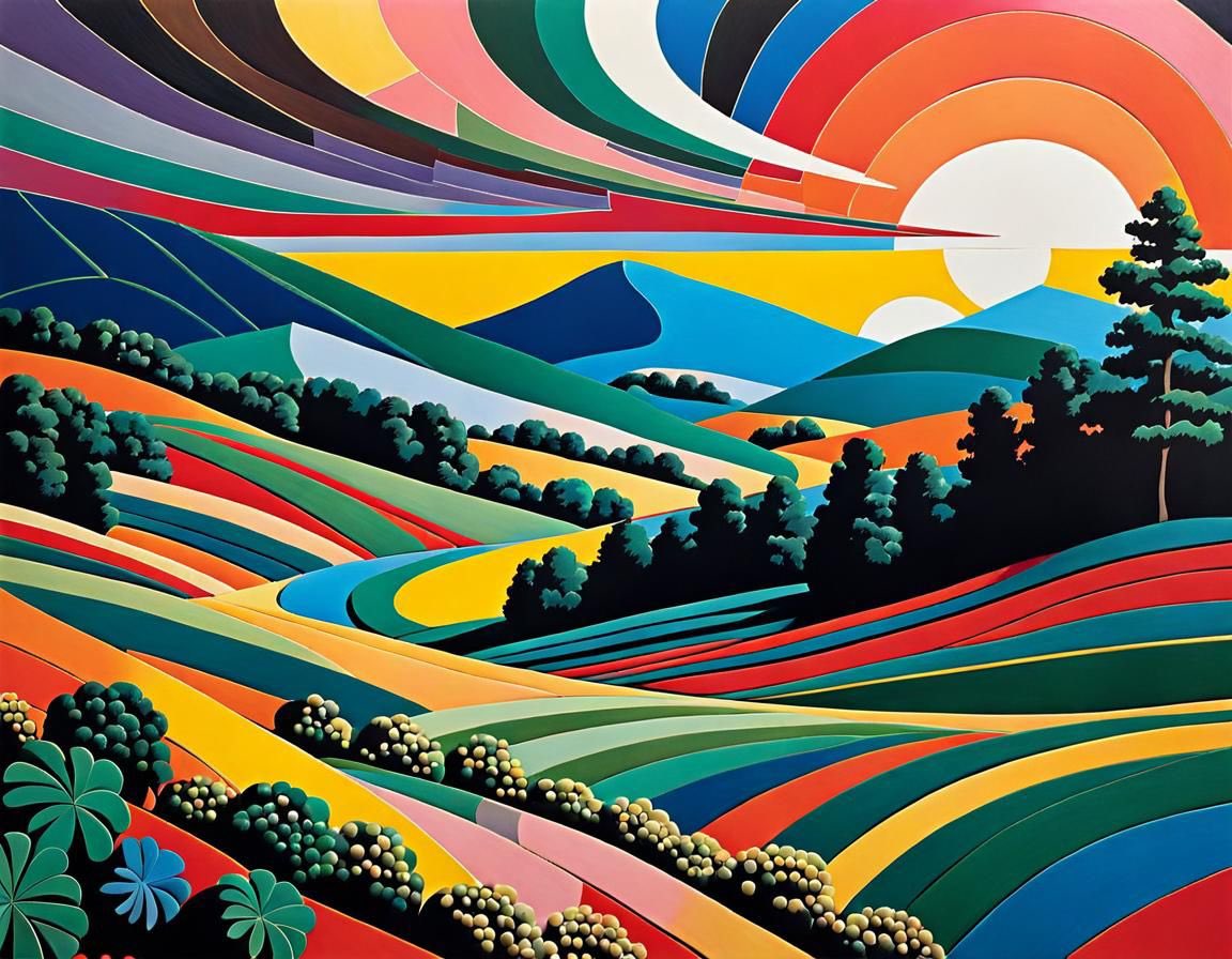 Country landscape, and sunset in the style of artist Frank Stella