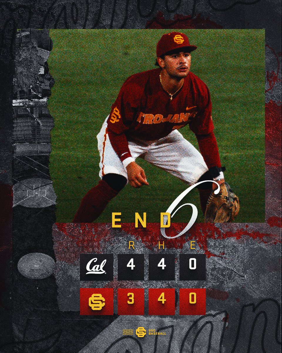 END 6 | Got one back in the sixth. Looking for a rally as we head to the late innings. CAL 4, USC 3 📺pac-12.com/live/usc-3 📊usctrojans.com/sidearmstats/b… #FightOn // #Gameday