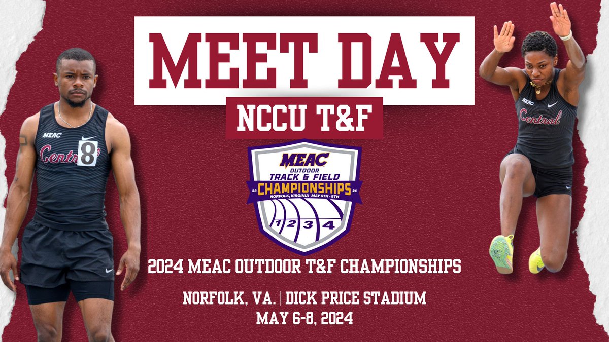MEET DAY! The NCCU men's and women's track & field teams open competition at the 2024 MEAC Outdoor T&F Championships in Norfolk, Va. on Monday. Links to live results, tickets and schedules are available on NCCUEaglePride.com. #EaglePride @NCCUTrack_Field