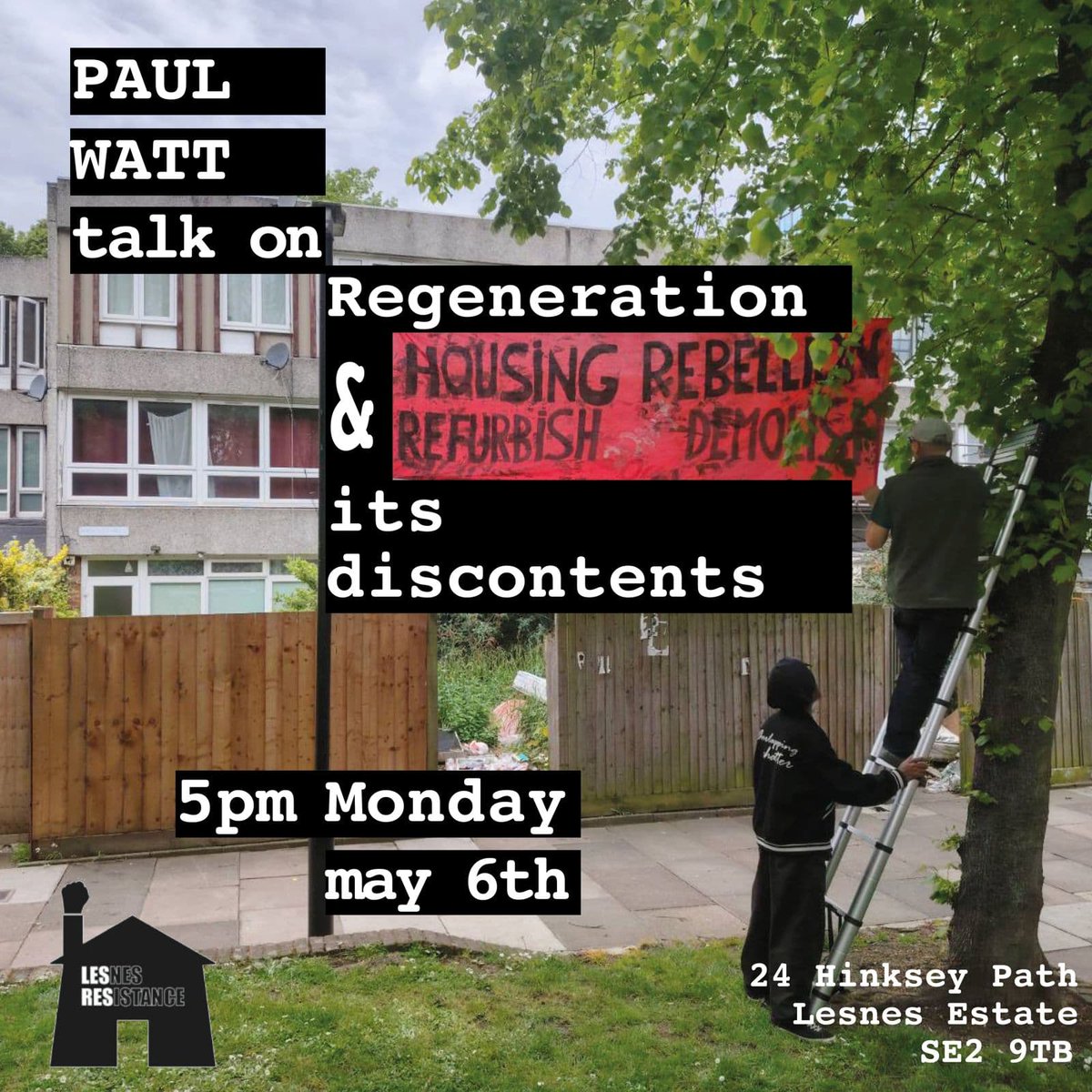 Join us at the Lesnes Estate this Monday bank holiday, where @PaulWatt1232 will be talking about regeneration & thinking with @LesRes_TM about how to fight destructive schemes. @XRLondon @Aylesbury_exhib @ArchitectsCAN @EstateWatch_LDN @emptyhomes @homes4