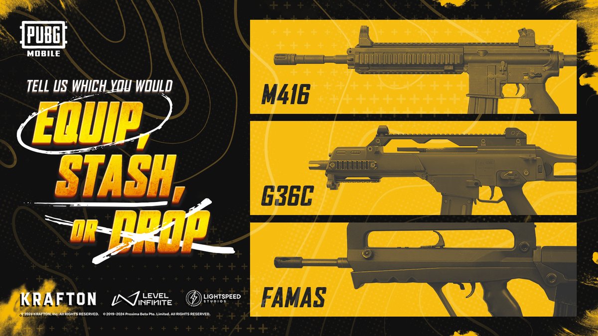 Between these assault rifles, which one are you equipping, which one are you stashing as a backup, and which one are you dropping altogether? Your choices are the M416, G36C, and the FAMAS. #PUBGMOBILE