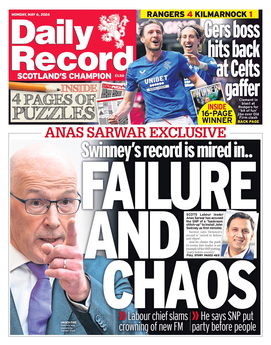 In tomorrow's Daily Record, Scottish Labour leader Anas Sarwar has accused the SNP of a “backroom stitch-up” to install John Swinney as first minister #ScotPapers #TomorrowsPapersToday