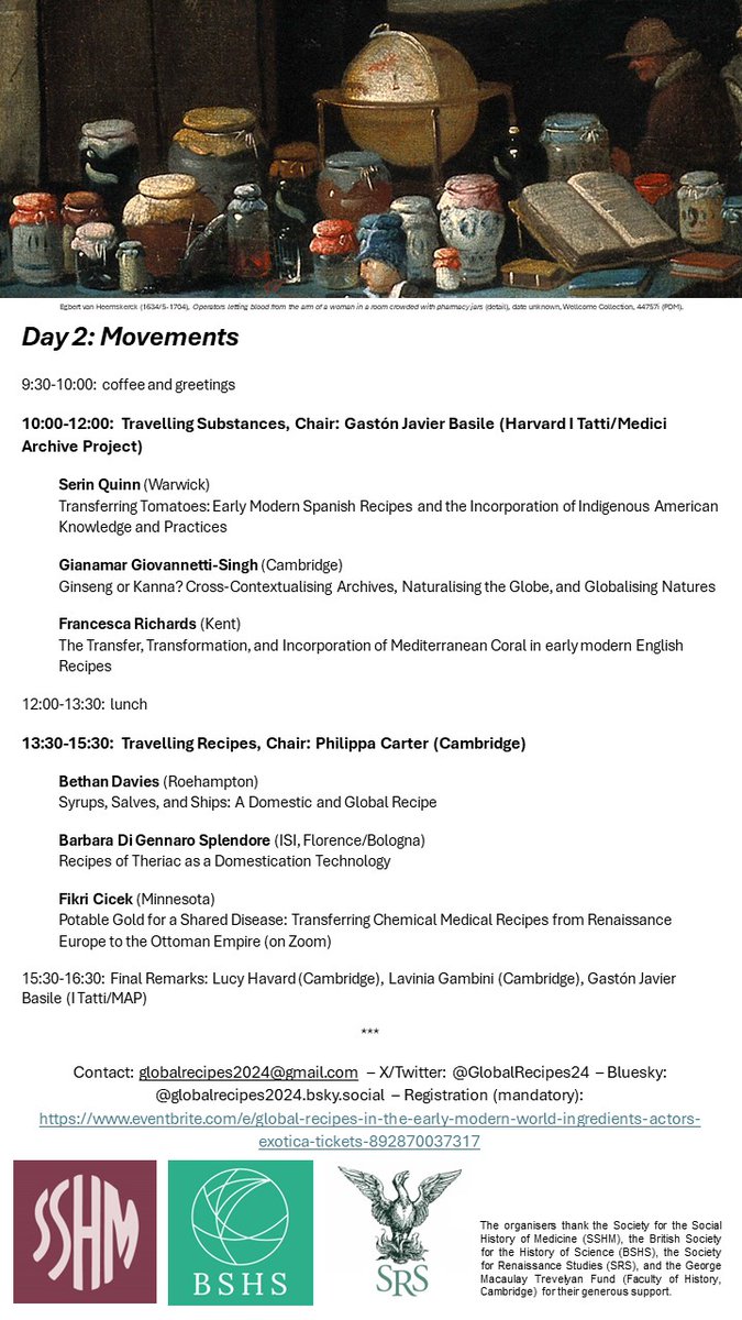 🎉EVENT PROGRAMME🎉 We are thrilled to release the lineup for our ECR conference on Global Recipes in the Early Modern World (29-30 May, Cambridge/online)! A sincere thank you to all our sponsors for their generous support: @SSHMedicine, @BSHSNews, @SRSRenSoc, @CamHistory! 👇