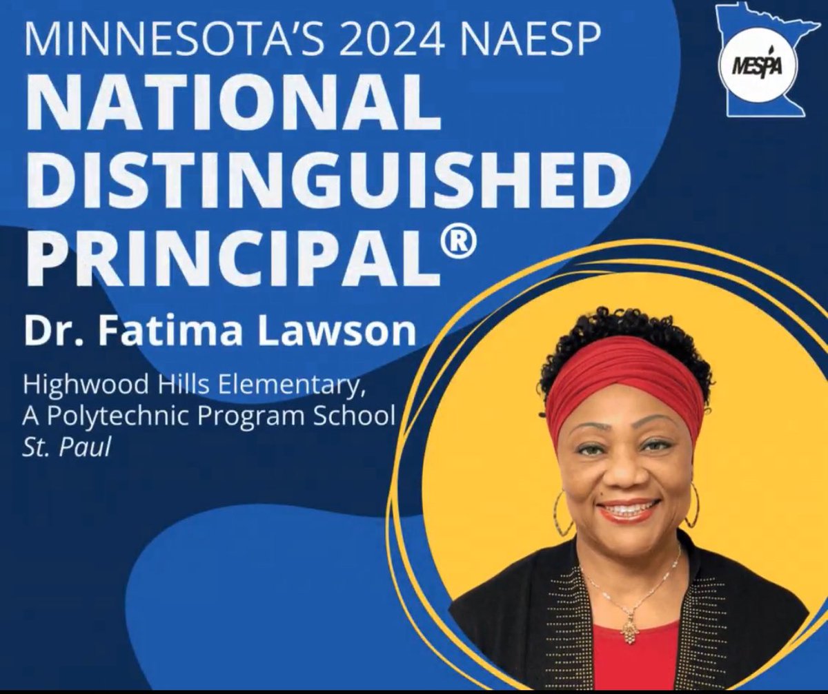 SiadAli's tweet image. Congratulations to Dr. Fatima Lawson for being named Minnesota’s 2024 National Distinguished Principal of the Year! With 22 years at Saint Paul Public School, she leads with excellence. Dr. Lawson is kind, caring, and a close friend whom I deeply admire and respect.
#MESPA  #SPPS