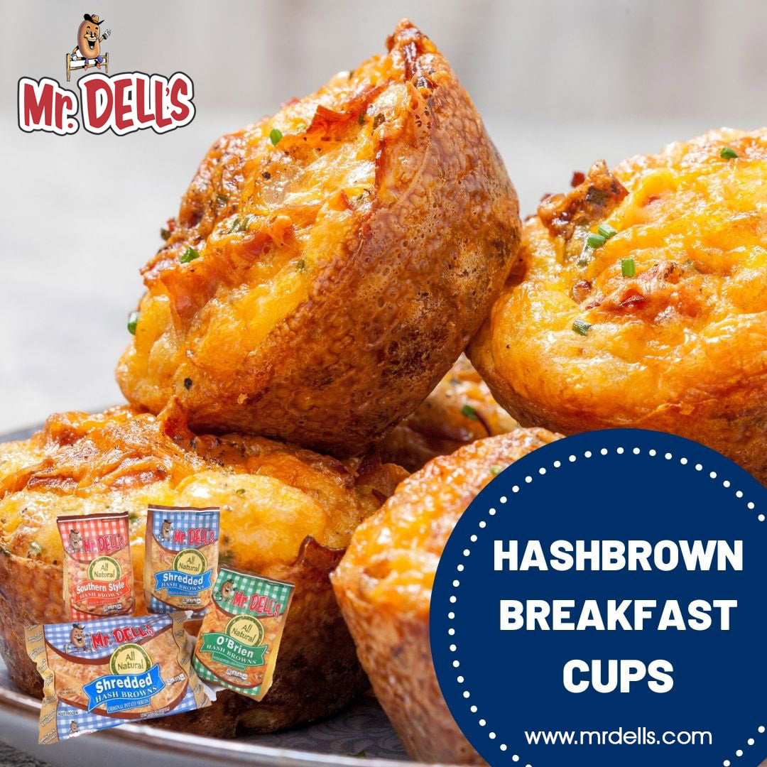 Make these #HashBrown Cups for your Sunday brunch. Line muffin tins with thawed #MrDells Hash Browns mixed with butter. Add your favorite ingredients, like eggs, bacon bits, & ham. Bake for 20 mins. Find where to buy our all-natural Hash Browns at MrDells.com.