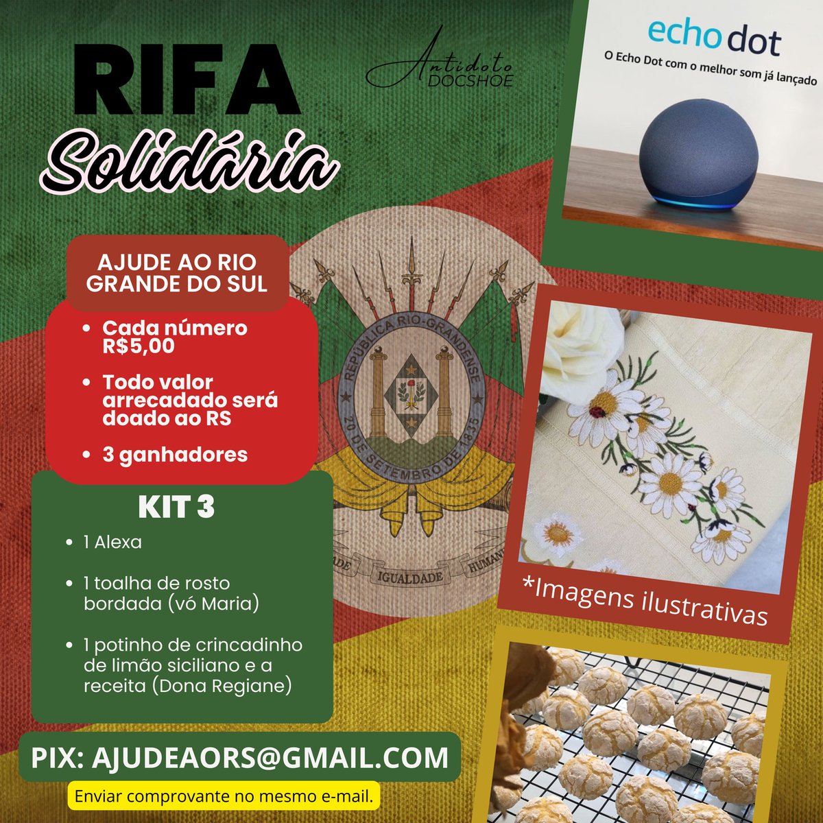 Antídoto 🫰🏻 (@antidotocoment) on Twitter photo Rifa solidária em prol de ajudar o RS, todo valor arrecadado será doado para ajudar a causa!
Serão 3 ganhadores:
1 lugar kit Amanda 
2 Lugar kit Antonio 
3 Lugar kit Regiane 
Cada número R$5,00 (enviar comprovante para o e-mail do pix) 
Pix ajudeaors@gmail.com 
🪢♥️ Rifa solidária em prol de ajudar o RS, todo valor arrecadado será doado para ajudar a causa!
Serão 3 ganhadores:
1 lugar kit Amanda 
2 Lugar kit Antonio 
3 Lugar kit Regiane 
Cada número R$5,00 (enviar comprovante para o e-mail do pix) 
Pix ajudeaors@gmail.com 
🪢♥️