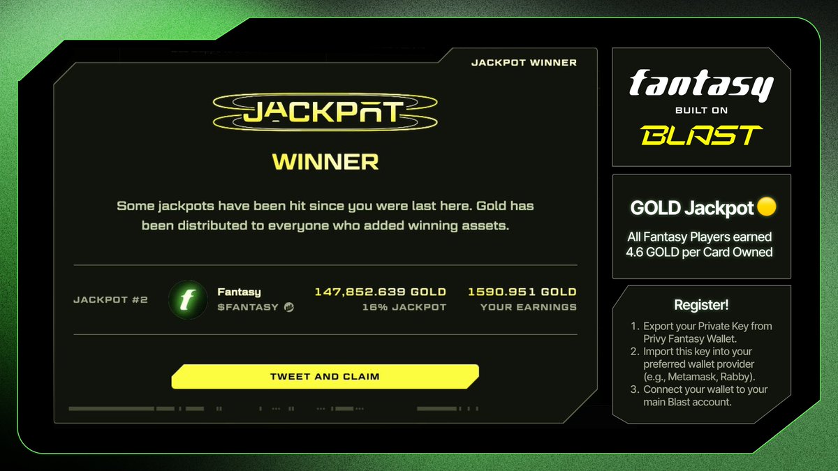 Fantasy x @Blast_L2 Jackpot 🎰 Every Fantasy Card saved into the Blast Jackpot 2 has earned 4.6 GOLD per card! 🤩 Special Give Away: We are doubling your GOLD Rewards! 🟡 Exceptionally, we will Double someone Fantasy Jackpot's rewards! Like and Quote this Tweet with a