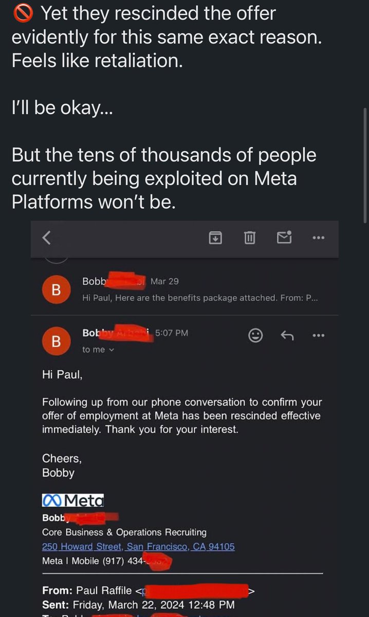 Damn. This is wild. Paul was recruited to fix Meta's sextortion problem and they rescinded his employment offer after he exposed the very same problem on a webinar.