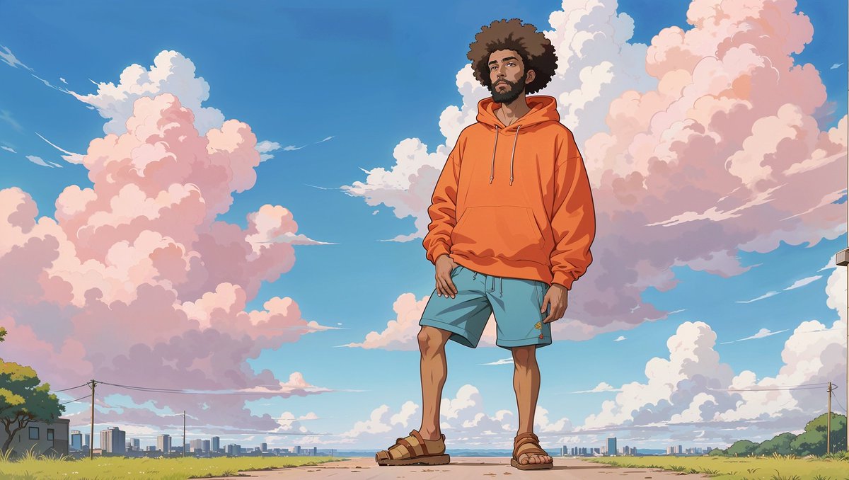 🤯 Cheyenne meets Studio Ghibli in this super prompt 👇 📃 A full body illustration of a [subject] wearing [clothing] | standing on the ground | The background is a [color1] sky with white clouds in [color2] color, in the style of Studio Ghibli ✨ You have examples in the ALTs…