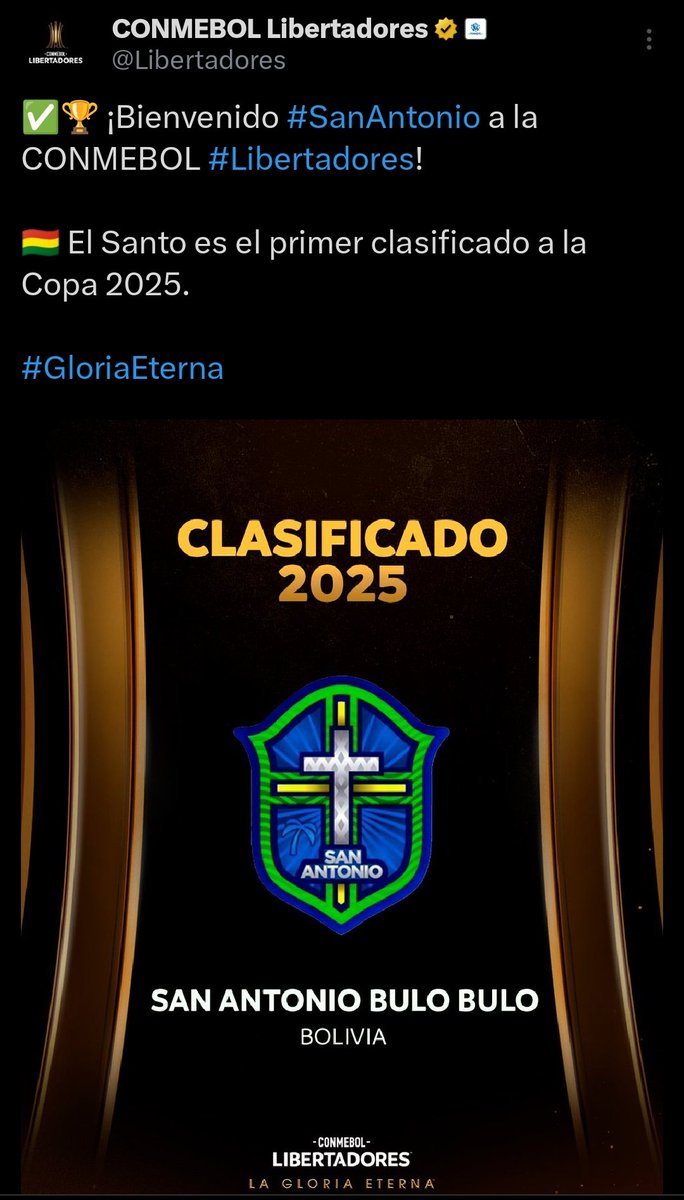 #ConmebolLibertadores | CONMEBOL.com le da la bienvenida a SAN ANTONIO DE BULO BULO, primer clasificado a la Libertadores 2025!!

#CopaLibertadores 
#ElCrack