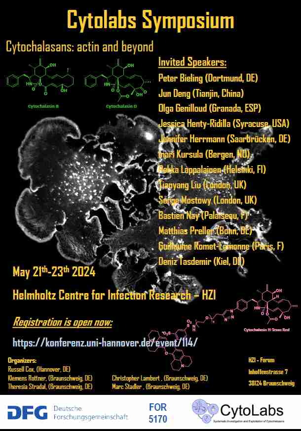 On May 21-23, our symposium at <a href="/Helmholtz_HZI/">Helmholtz-Zentrum für Infektionsforschung –inaktiv</a>  Braunschweig will be held to present the highlights of <a href="/CytoLabsDFG/">CytoLabsDFG</a>
 Some experts in natural product research &amp; actin biology will also attend.  Registration is open at  konferenz.uni-hannover.de/event/114/ !