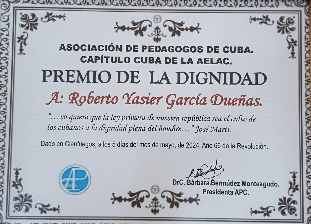 Mi agradecimiento a la Asociación de Pedagogos de Cuba Capítulo Cuba de la AELAC por la entrega del 2024, este año compartido con el excelente amigo Dr. Orlando Terre Camacho durante la sesión de clausura de este XIII #EncuentroInternacional #PresenciadePauloFreire. #APC