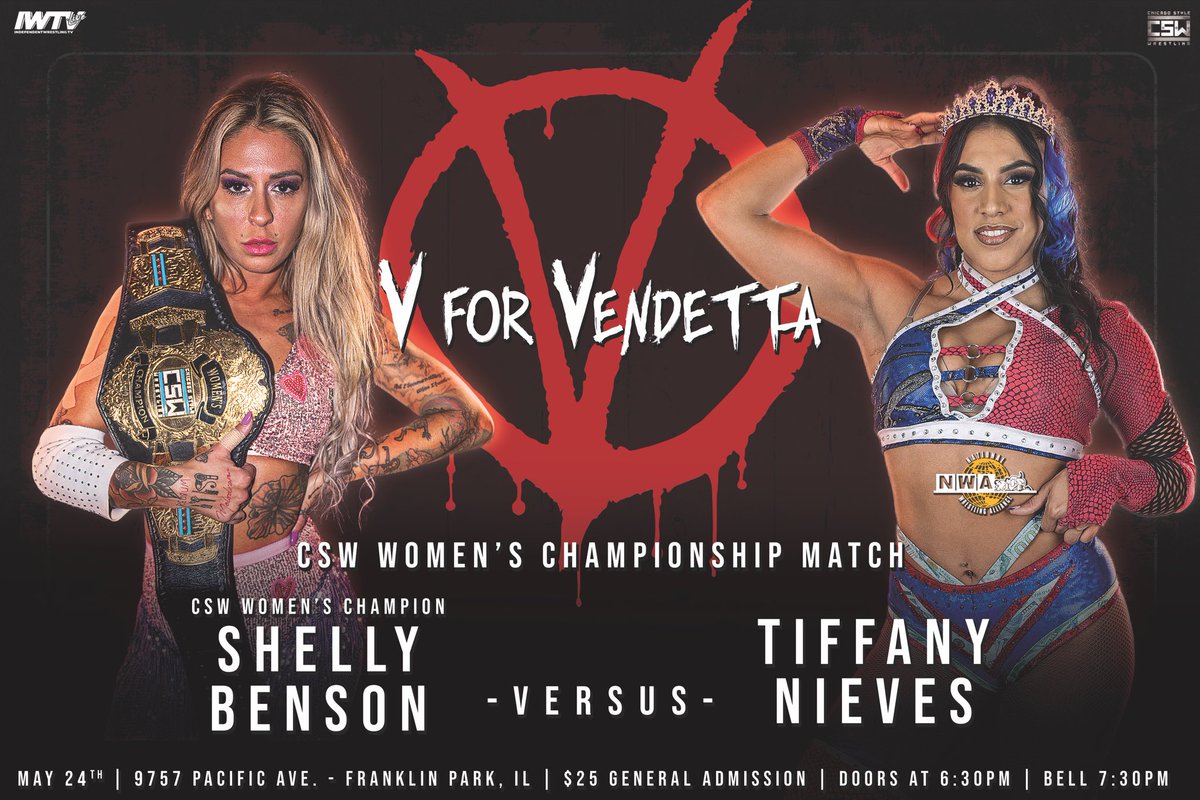 🚨🚨MATCH ANNOUNCEMENT🚨🚨 CSW PRESENTS: V FOR VENDETTA CSW WOMEN'S CHAMPIONSHIP SHELLY BENSON (C) VS. TIFFANY NIEVES May 24th! Tickets are LIVE FRONT ROW IS COMPLETELY SOLD OUT!!!! Doors open at 6:30pm 9757 Pacific Ave, Franklin Park Bell time is at 7:30pm…