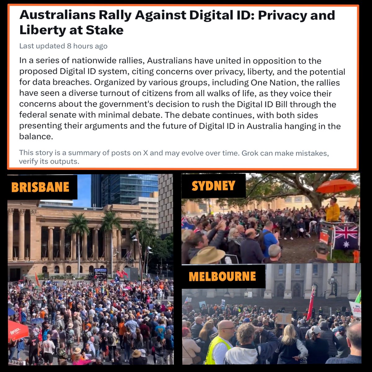 Great turn out nationwide at yesterday’s rallies against the Digital ID Bill and to Save Freedom of Speech - especially in Sydney where the BOM had predicted torrential rainfall that surprisingly didn’t eventuate. And while Grok is covering it on Twitter, as expected there is…