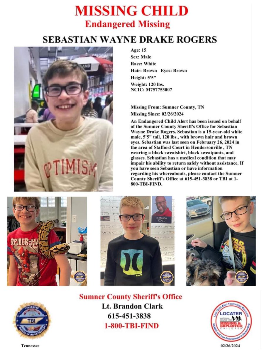 #SebastianRogers is still missing from Hendersonville TN. Reported missing February 26, 2024 please keep sharing his info and pictures. 

#AmberAlert #MissingTeen #MissingTennessee #SeeSomethingSaySomething