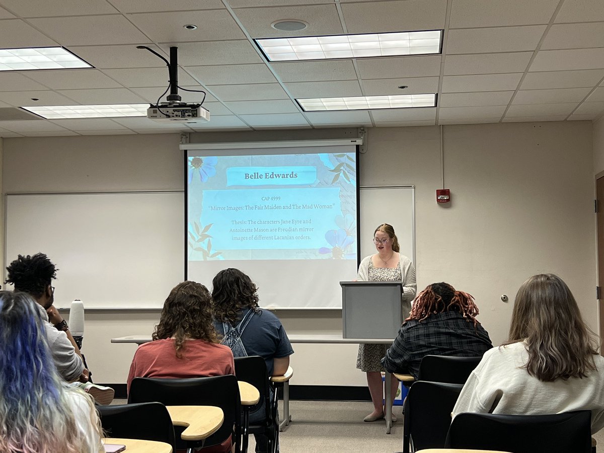 MansfieldENGL's tweet photo. On May 3, Belle Edwards (BSEd English Education '24) delivered her senior capstone presentation in Dr. Lint’s Global Literature and Culture class. Belle’s project focuses on psychoanalysis of Jane Eyre and Wide Sargasso Sea. Way to go, Belle! #GoMounties #loveMU #EnglishEducation https://t.co/xj4Gm6rKSV