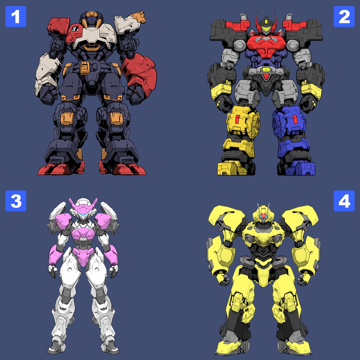 🙋Question for the next demo: Which one do you like the most 1 2 3 or 4??

😉Don't worry all those models will be available on the final release. But the winner will be implemented on the next update.

#trailertuesday #gunpla #gundam #indiegame #mecha #gamedev #indiedev #mech