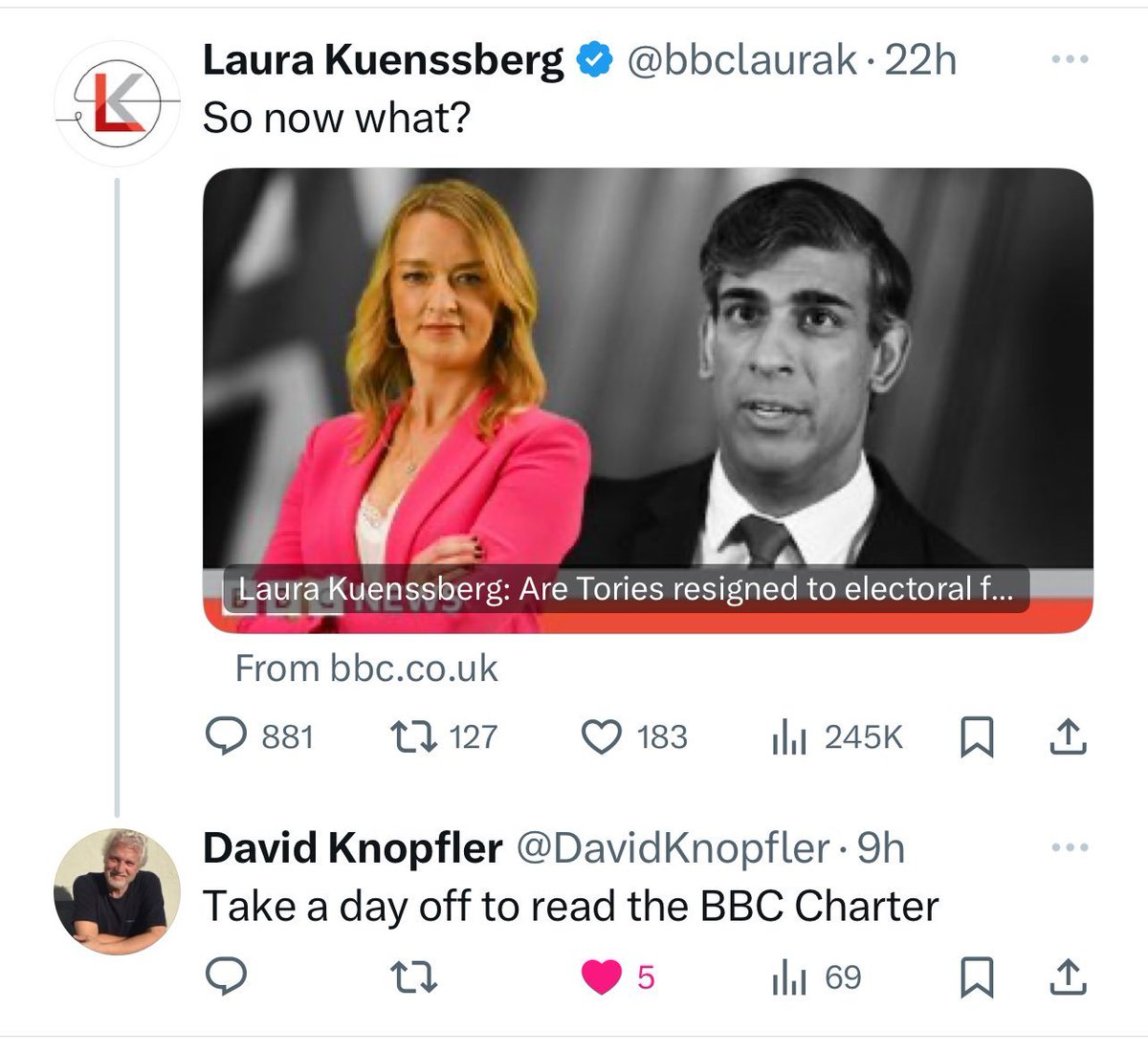 Given the dreadful and biased election coverage by Laura Kuenssberg, will Laura be taking up David's advice? For example was there a reason why @BBCPolitics interviewed 2 Tories who came 3rd and no one from the Lib Dems who beat them @bbclaurak @LibDems #bbclaurak @DavidKnopfler