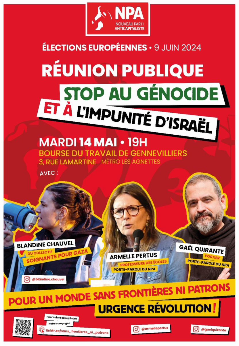 🔴A la BT #Gennevilliers mardi #14mai 19H se tiendra une réunion publique du #nouveaupartianticapitaliste #révolutionnaires :En #palestine stop au génocide&à l’impunité d’Israël💥
avec @blandine.chauvel du collectif @soignantesprgza 🎤 On vs invite à venir nombreux pr en discuter