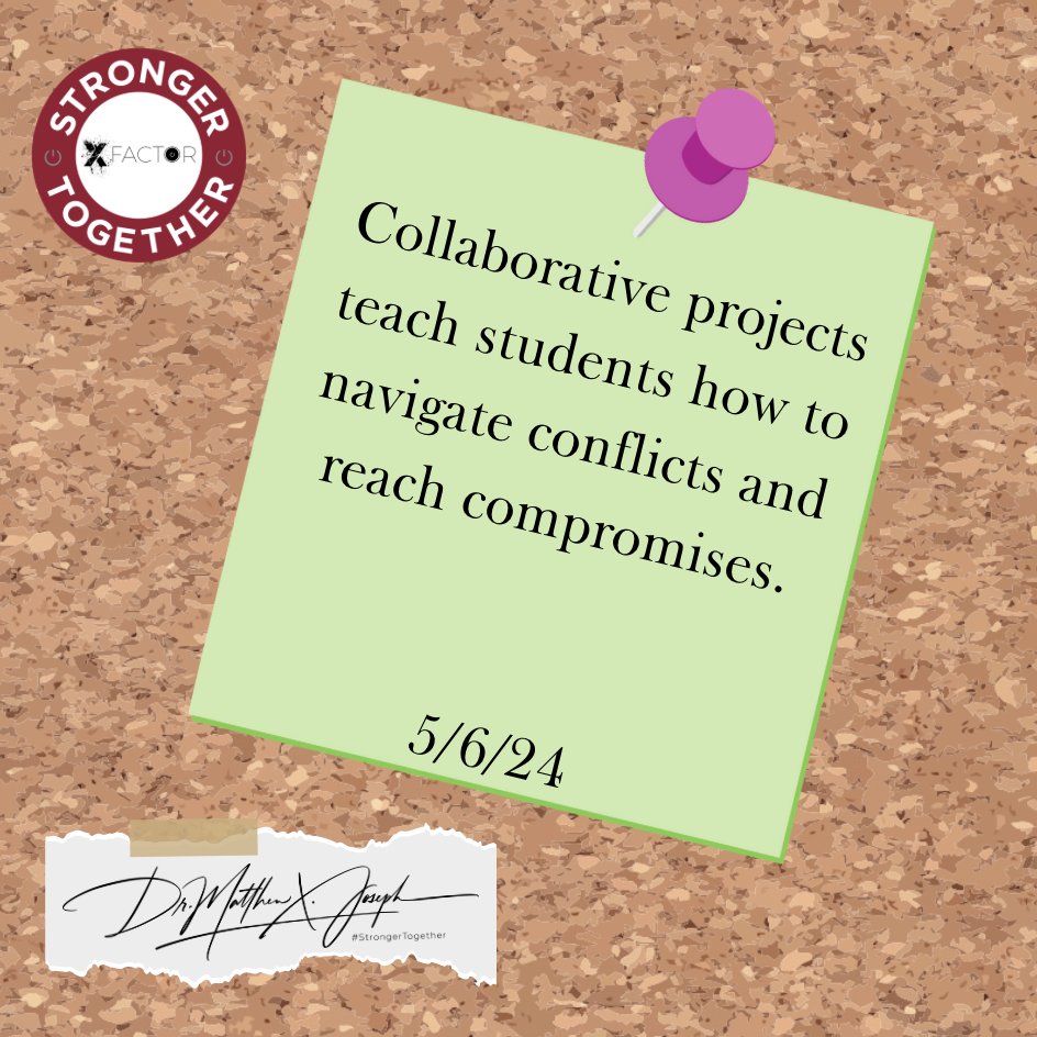 Collaborative projects teach students how to navigate conflicts and reach compromises. Building a #StrongerTogether Mindset We over ME Learn more: strongertogetherbook.com #XFactorEDU @XFactorEdu #collaboration