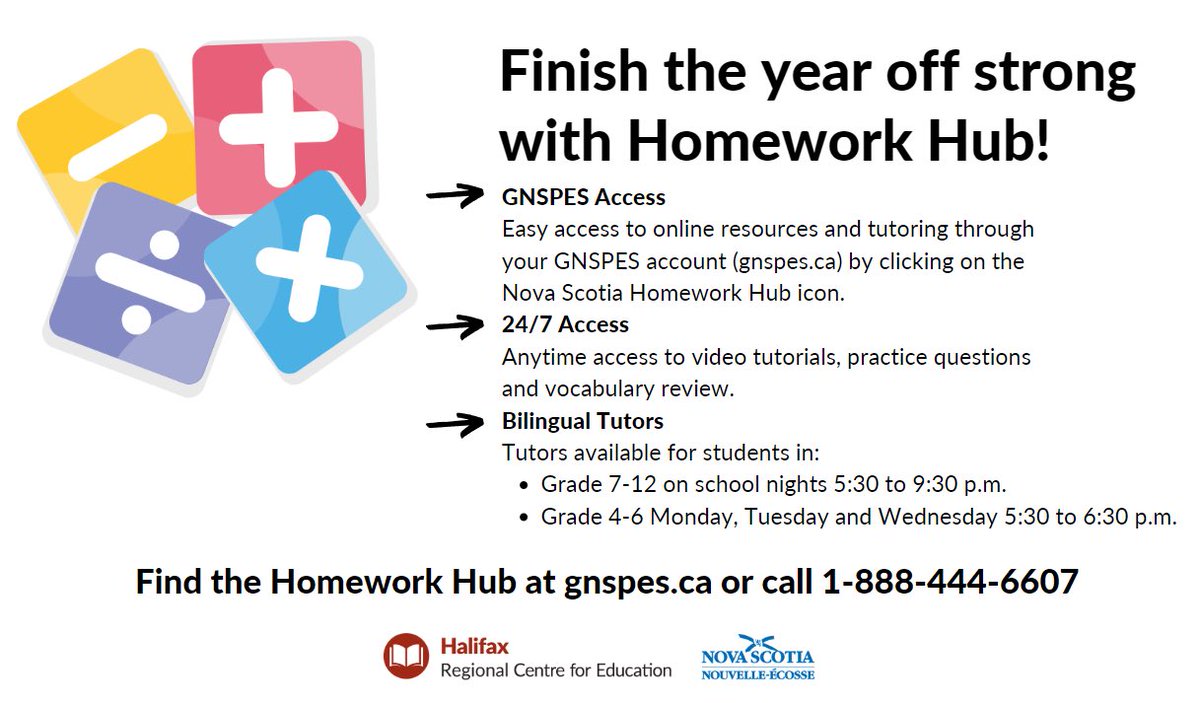 Did you know your student has access to Homework Hub? Finish the year off strong with the help of experienced tutors. Easy access to online resources and tutoring through your GNSPES account (gnspes.ca) by clicking on the Nova Scotia Homework Hub icon.