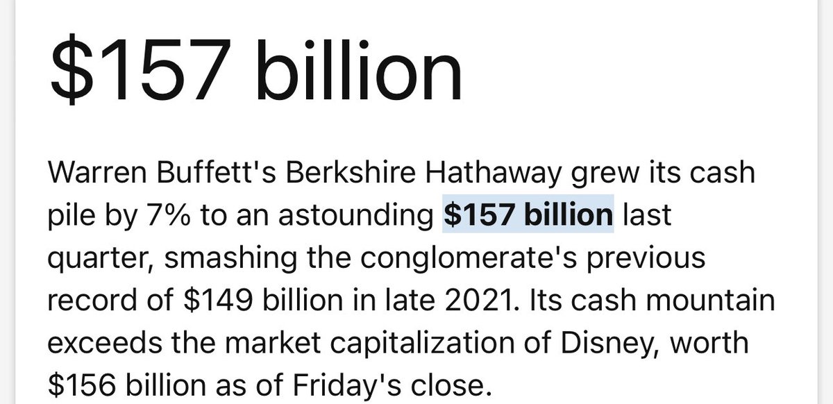 @KobeissiLetter Buffett can park all those Billion Dollars in a Money Market and clip a 5% coupon until the #FederalReserve makes a policy mistake.

Then he will put this money to work!

#investing #economy #Finance