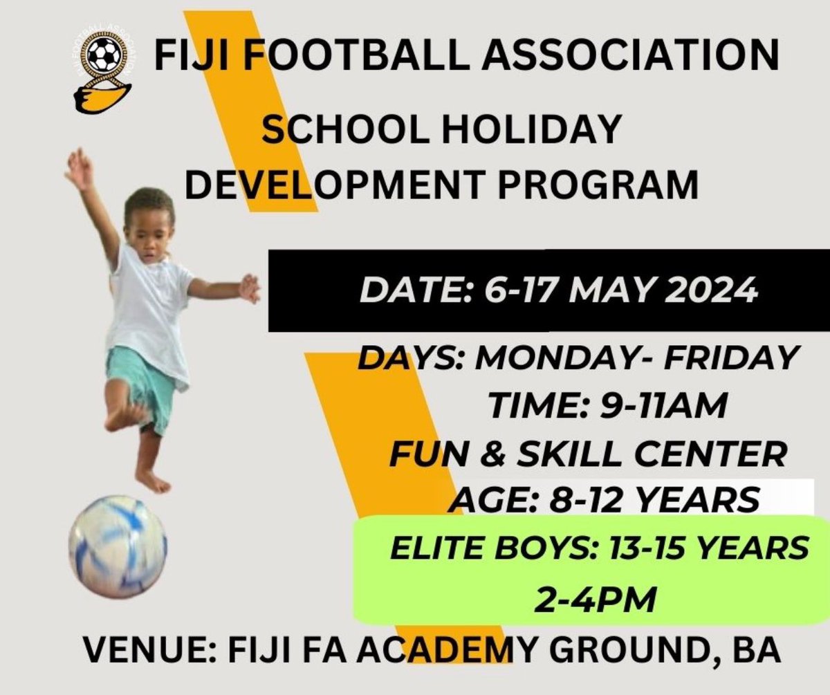 Calling all young football enthusiasts! Join us at the Fiji FA School Holiday Development Program for two weeks of fun & skill-building sessions. From May 6th to 17th, Mon to Fri. Don't miss out on the action at the Fiji FA Academy Grounds in Ba, Labasa & Suva. #YouthDevelopment