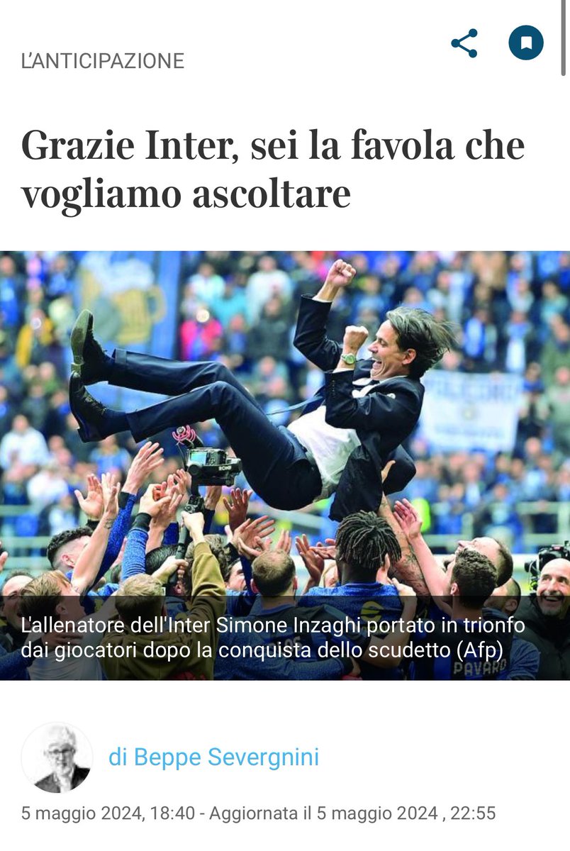 per la rubrica: “la stampa contro” va ora in onda: “Grazie Inter, sei la favola che vogliamo ascoltare” di Beppe Severgnini
