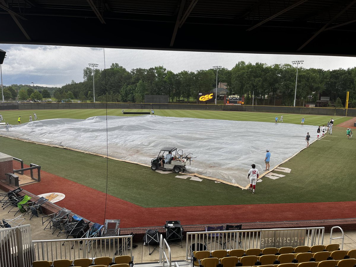 🚨⛈️🚨 #GSCbsb Championship Update (4:57pm) Tarp is out. New start time is 7 pm. More info to follow.