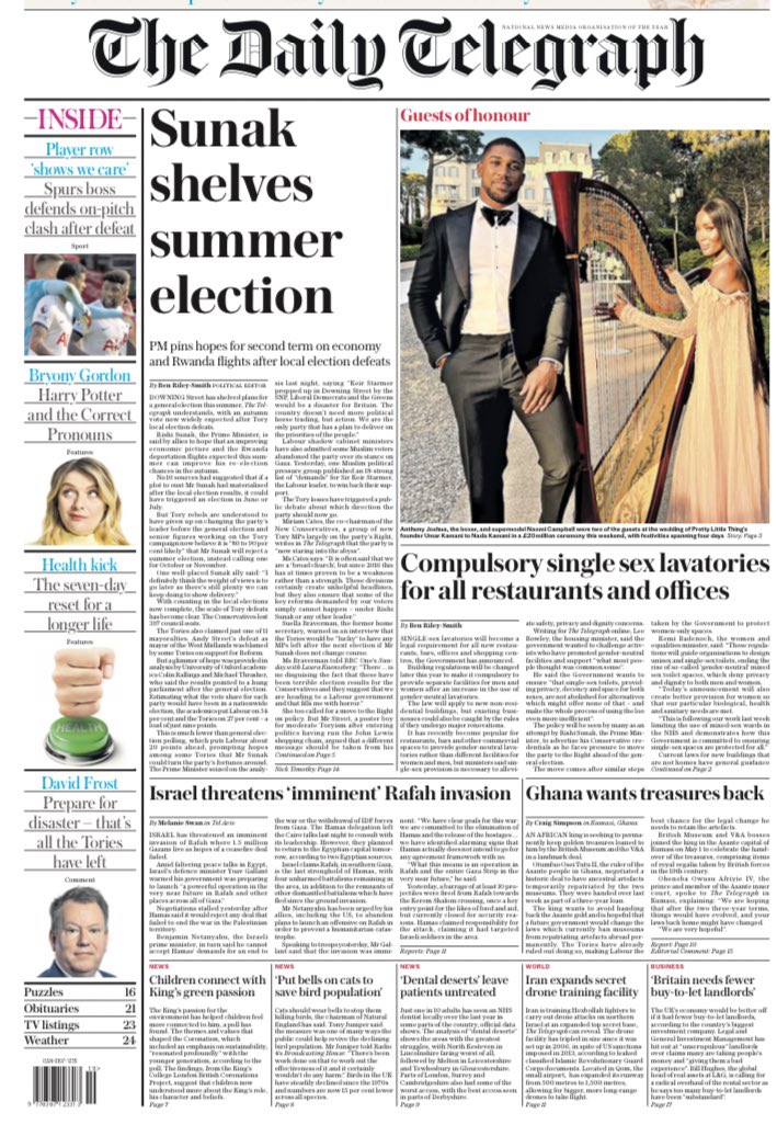 Our p1: Downing Street cools on a summer election. Autumn is the focus after the Tory local defeats with hopes improving economy and Rwanda flights can change the dial. telegraph.co.uk/politics/2024/…