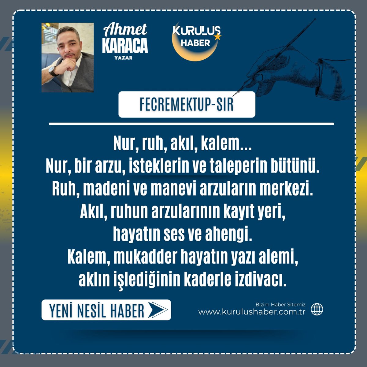 #FecreMektup-SIR Her zerreden işleyen fiilin faili Allah'tır, Allah'ın tek hanesi ve tecelligâhı ise insan kalbidir. Secdegâhtır elbet o kalp,idrakine varana. Allah tecellisi ile azametini, varlığını, ilahlığını, yaradanlığını hatırlatır âdeme. İdrâke ulaşmak için yolun dört…