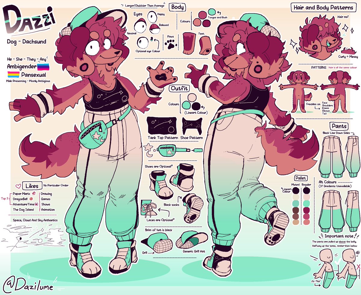 I finally made a good ref sheet for my character Dazzi!! 
I might design some alternate outfits later but in the meantime here’s what I got!!  
I’m happy with how it turned out :> 💕