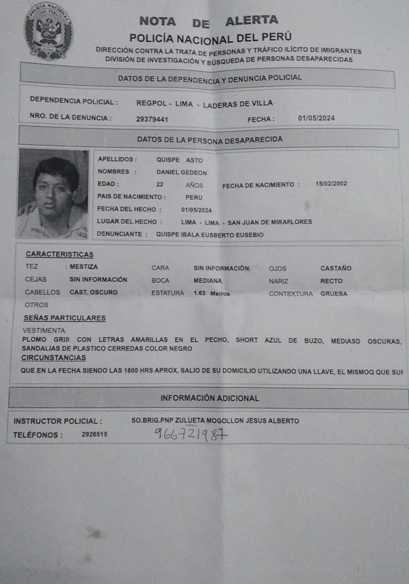 ATENCIÓN!
<a href="/PoliciaPeru/">Policía Nacional del Perú</a> pedimos que intensifiquen la búsqueda de Daniel, joven con autismo perdido desde hace 5 días. 
Lo queremos encontrar con vida! Su familia está desesperada y nuestra comunidad, también. <a href="/MininterPeru/">Ministerio del Interior 🇵🇪</a> <a href="/Latina_Noticias/">Latina Noticias</a> <a href="/PanoramaPTV/">Panorama</a> <a href="/Cuarto_Poder/">Cuarto Poder</a>