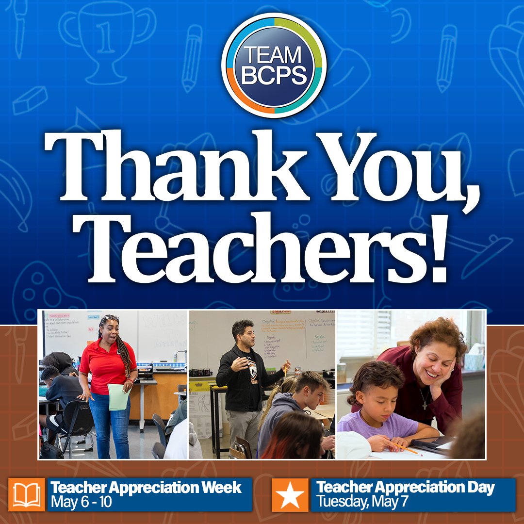 👏 #TeamBCPS celebrates Teacher Appreciation Week (May 6-10)! Our teachers make a profound impact on our students and communities every day. Thank you for everything you do! 🎉 Don't forget, Teacher Appreciation Day is Tuesday, May 7.