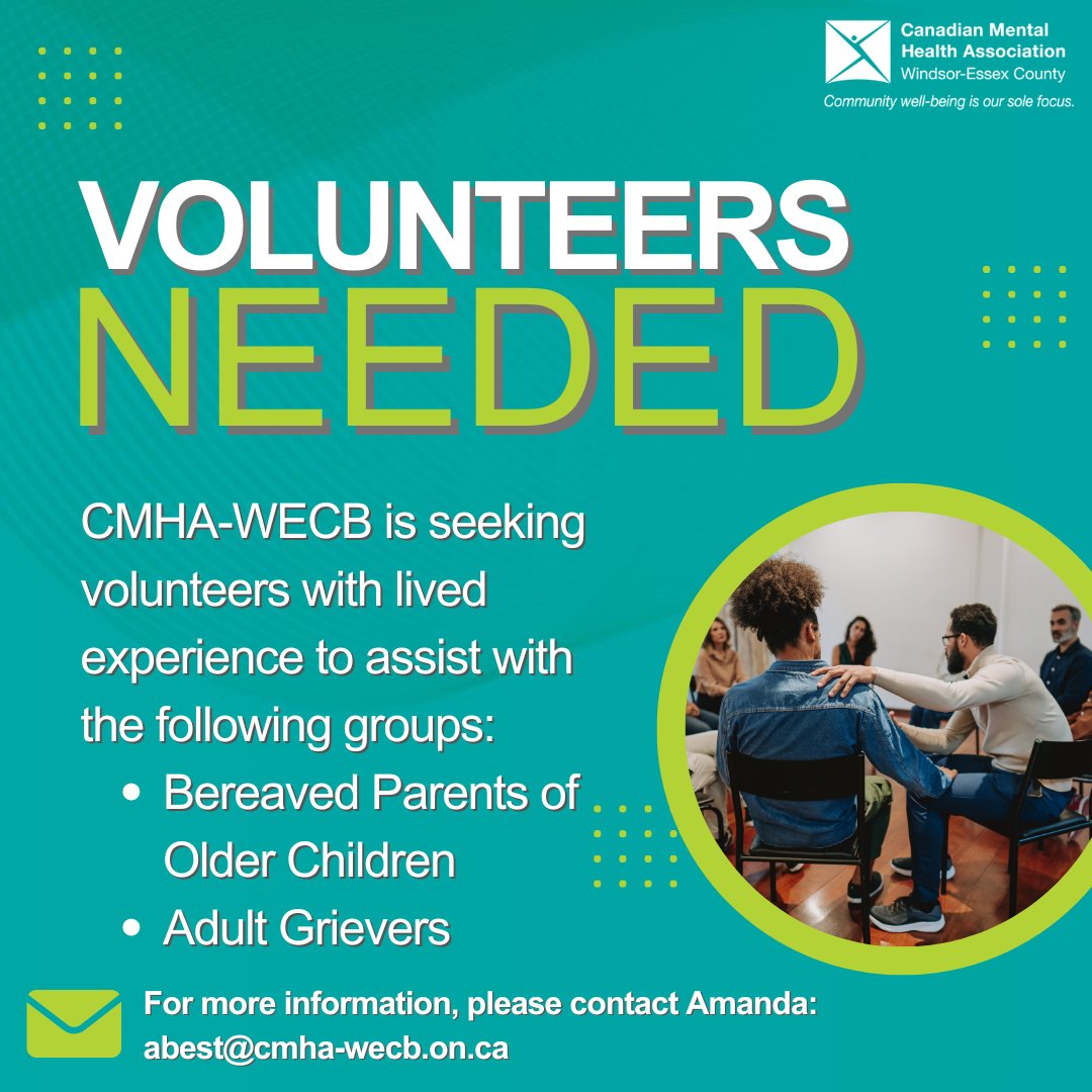 CMHA-WECB is seeking volunteers with lived experience to assist with two of our Bereavement Support Groups. To learn more, please contact Amanda at abest@cmha-wecb.on.ca. #grief #griefsupport #griefsupportgroup