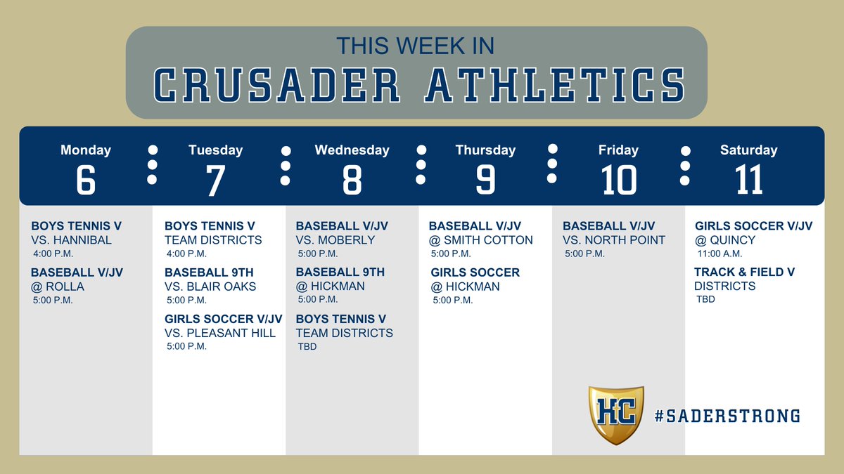 This week's Crusader sports calendar! 🎾⚾🏃⚽ #SaderStrong #OnwardTogether