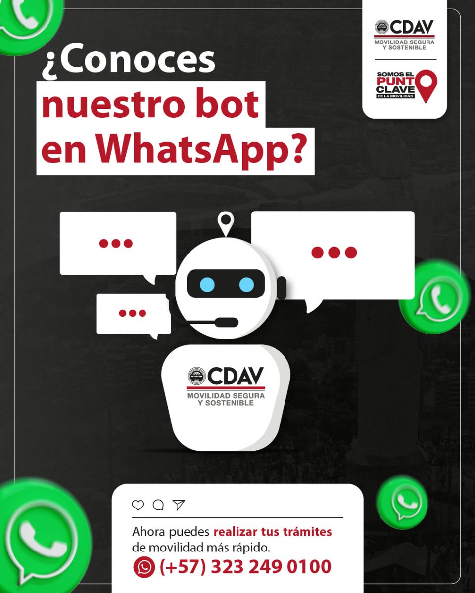 CDAVCali's tweet image. 🤩🙌 Estamos más cerca de ti. Con nuestro chatbot, no solo podrás realizar tus trámites de movilidad, sino que también será más rápido y fácil.
📲 ¡Contáctanos ahora y continúa tu movilidad sin complicaciones!

#CDAV #elpuntoclave #trámitescdav #movilidadsegura