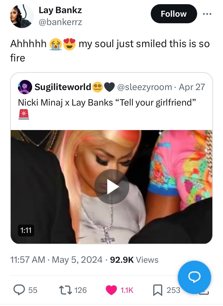 Lay Bankz reacts to a mashup of her new hit ‘Tell You Girlfriend’ with Nicki Minaj on it.
Would you want this collab?