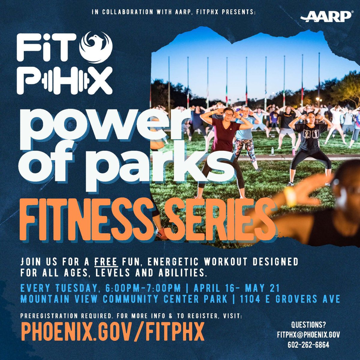 Sunset dance parties with FitPHX every TUESDAY! Join our FREE, weekly dance-based fitness classes at Mountain View Community Center Park. 📝 Register: phoenix.gov/fitphx 📍 1104 E Grovers Ave 🗓️ EVERY TUESDAY, 6:00-7:00PM This program is presented thanks to AARP Arizona.