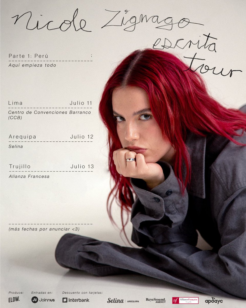 escrita tour: parte 1 
claro que tenía que comenzar en mi país. mi primera gira y mi primer álbum en la tierra que me escuchó cantar por primera vez. no se puede poner en palabras mi emoción <3 nos vemos MUY pronto Lima, Arequipa y Trujillo!!!!

LAS ENTRADAS YA ESTÁN A LA VENTA