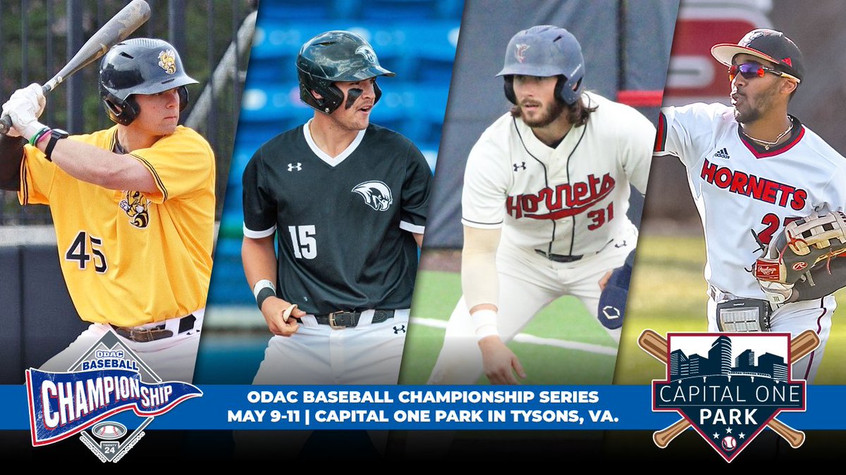 #ODAC Baseball Champs Series at @CapitalOnePark is set w/ @RMCathletics @RCmaroons @SUHornets and @lynhornets heading to Tysons to play for a title in double-elimination format, May 9-11 #d3baseball