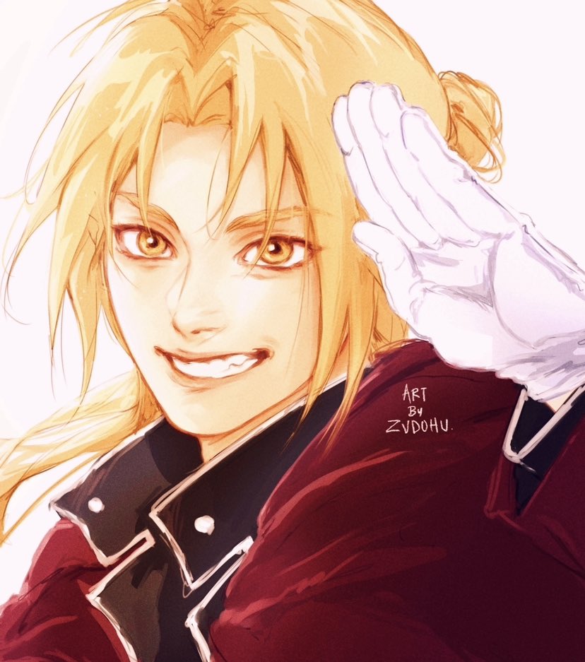 edward elric solo long hair looking at viewer smile simple background blonde hair white background  illustration images