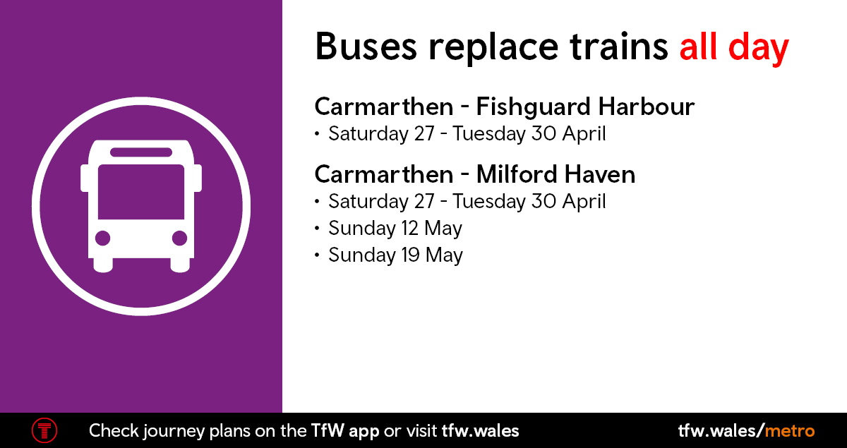 🛠️Engineering works: Carmarthen - Milford Haven Due to engineering works a replacement bus service will run all day on the following dates: 📌Sunday 12 May 📌Sunday 19 May ⚠️Remember to check before you travel tfw.wales/plan-a-journey